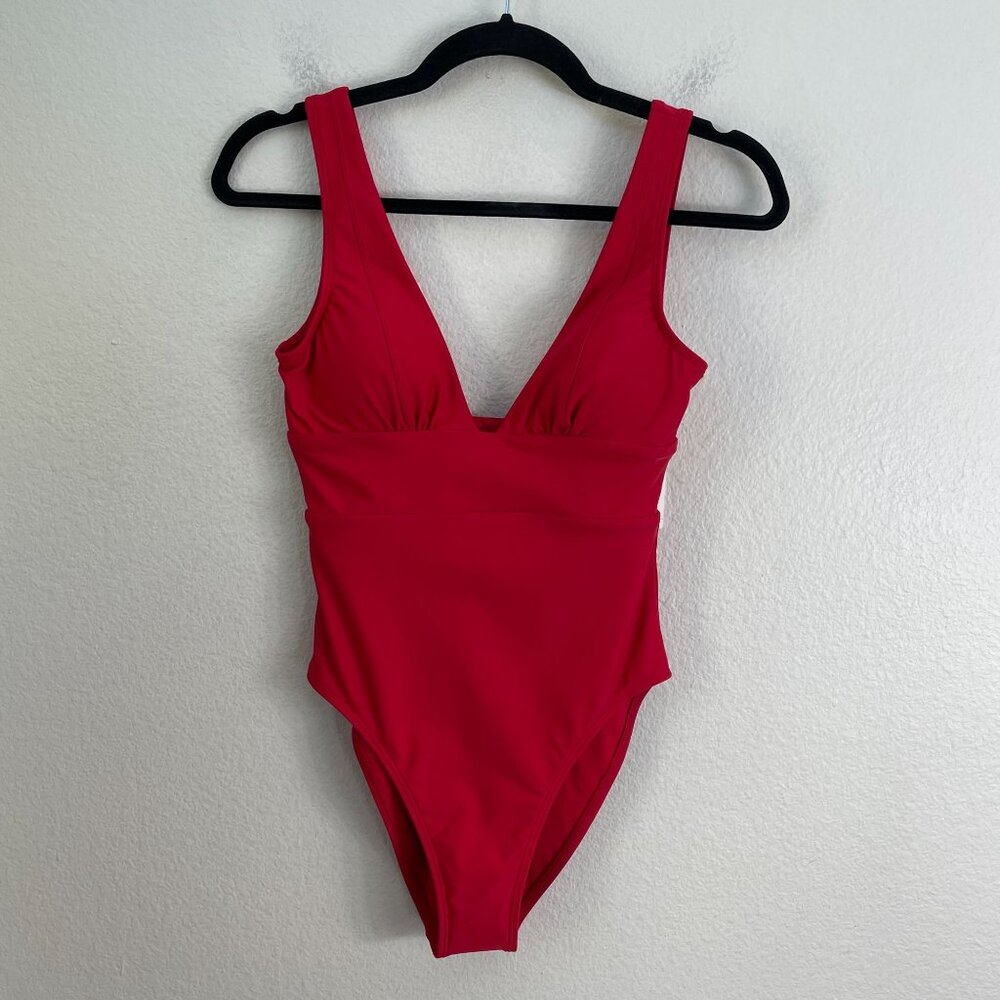 NEW Quince Womens XS Red Italian Plunge One Piece Swimsuit UPF 50